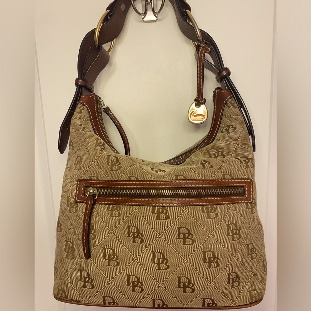 Vintage Dooney & Bourke Tan & Brown Signature Jacquard Canvas and Leather Bag